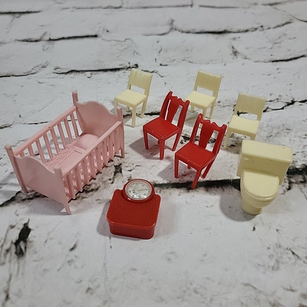 Vintage 50's Marx Dollhouse Furniture Lot of 8 Pieces Crib Chairs Bathroom Scale